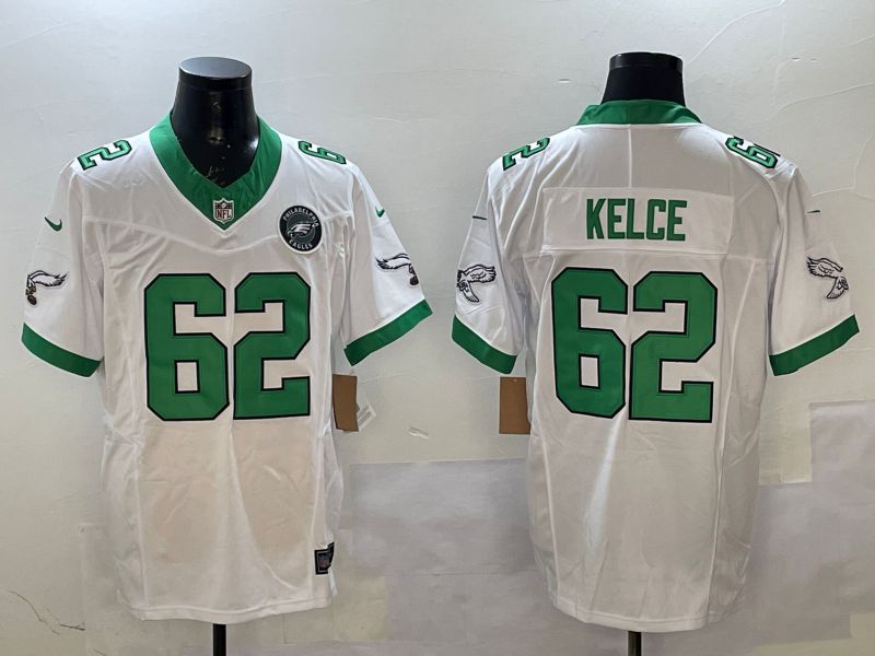 Men Philadelphia Eagles #62 Kelce White Retro three generations 2025 Nike Vapor Limited NFL Jersey style 3